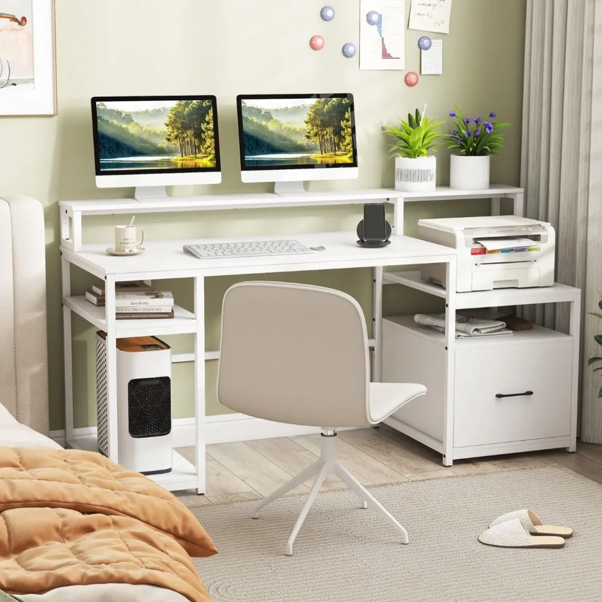 Schreibtisch mit Monitorständer Druckerständer CPU-Ständer & Aktenschrank 168 x 69 x 89 cm Weiß