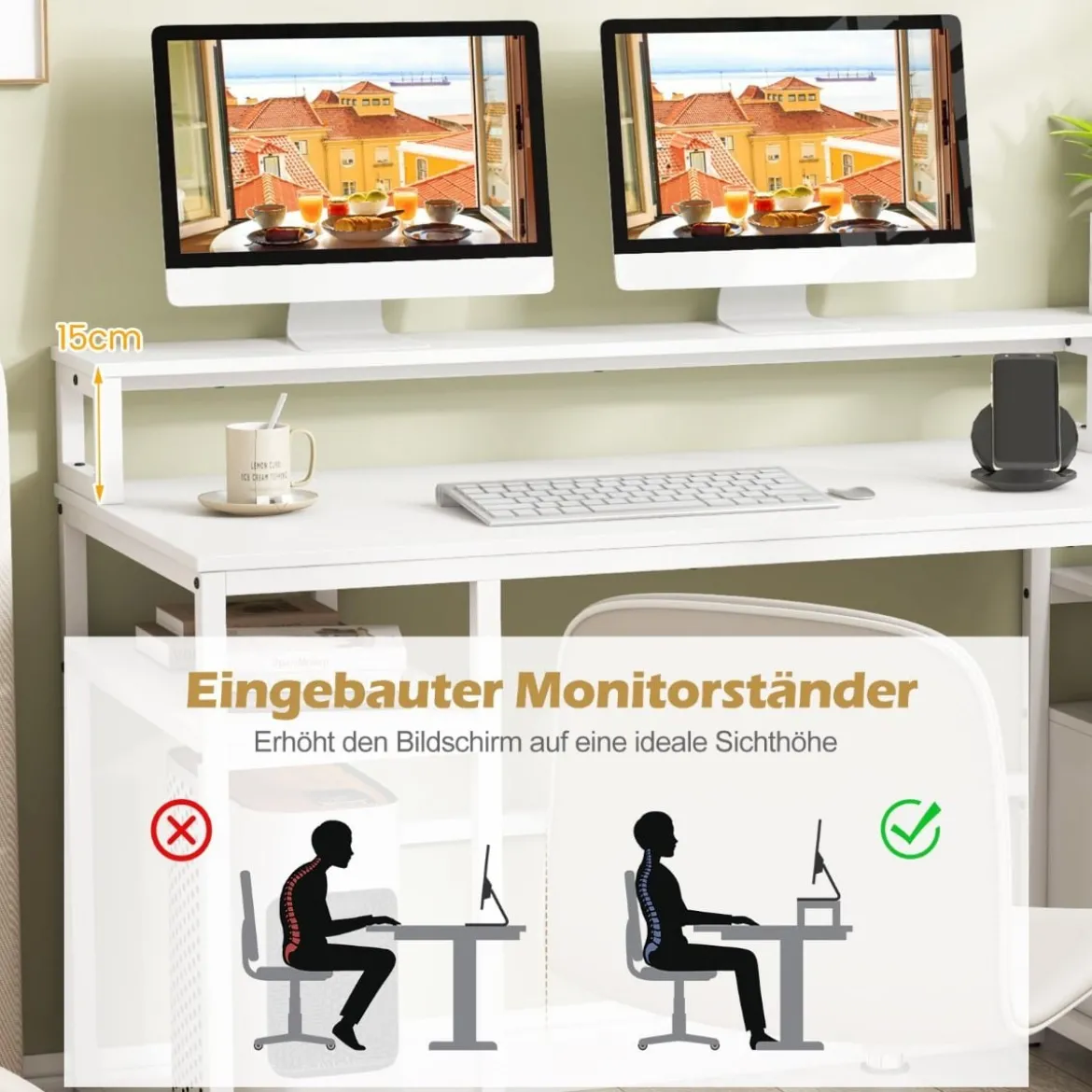 Schreibtisch mit Monitorständer Druckerständer CPU-Ständer & Aktenschrank 168 x 69 x 89 cm Weiß