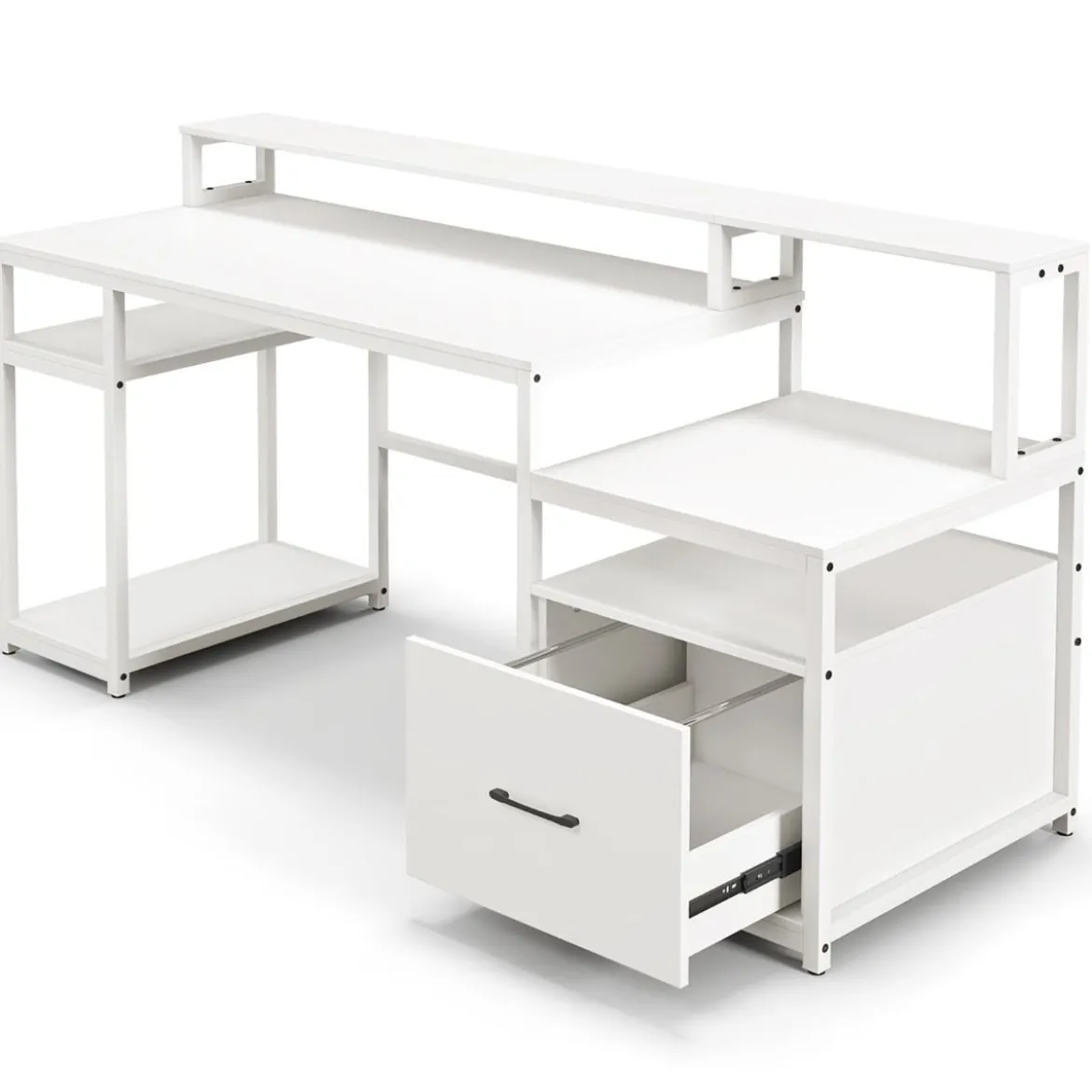 Schreibtisch mit Monitorständer Druckerständer CPU-Ständer & Aktenschrank 168 x 69 x 89 cm Weiß