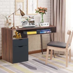 Schreibtisch mit offenem Fach und Schrank Computertisch Holz Bürotisch modern 120 x 55 x 78 cm Braun