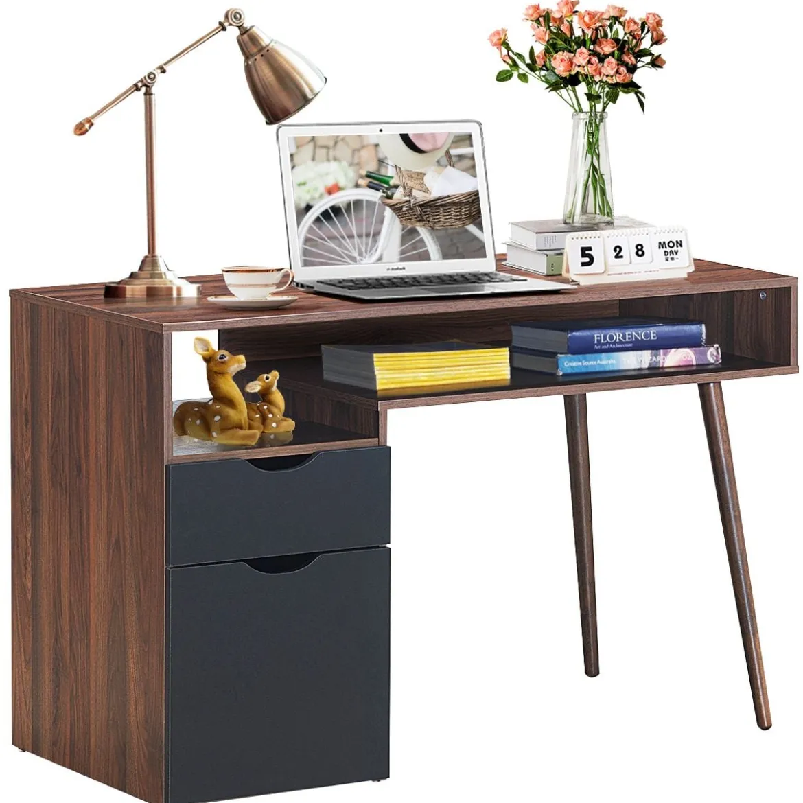 Schreibtisch mit offenem Fach und Schrank Computertisch Holz Bürotisch modern 120 x 55 x 78 cm Braun
