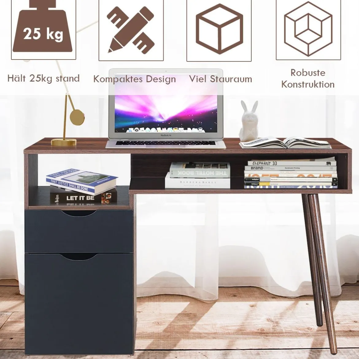 Schreibtisch mit offenem Fach und Schrank Computertisch Holz Bürotisch modern 120 x 55 x 78 cm Braun