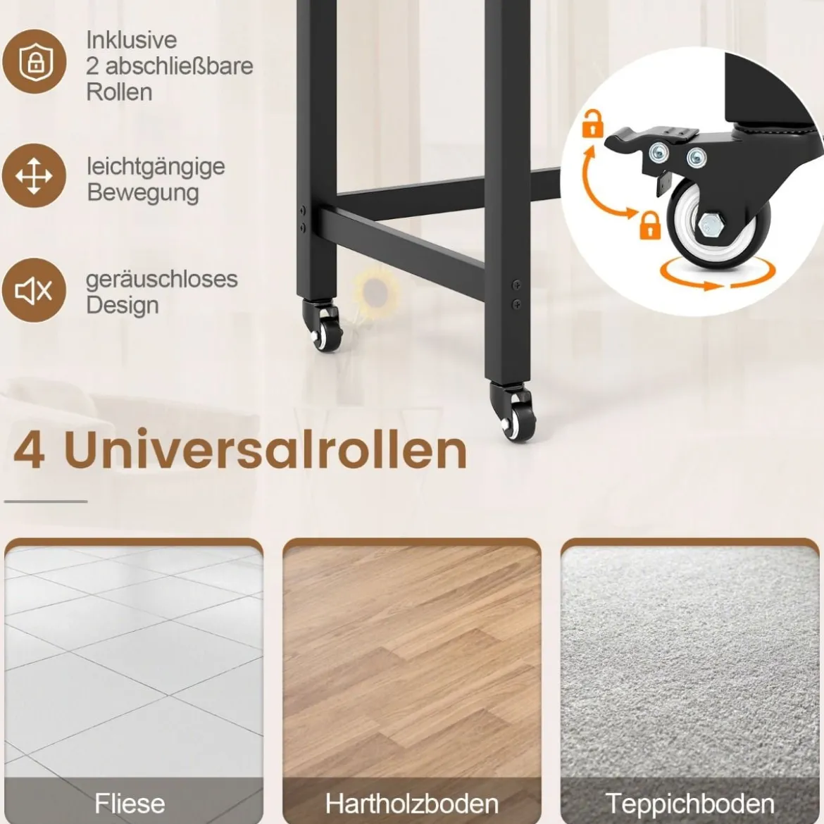 Schreibtisch mit Rollen Computertisch mit Abnehmbarer Stofftasche und Kopfhörerhaken 120 x 60 x 75 cm