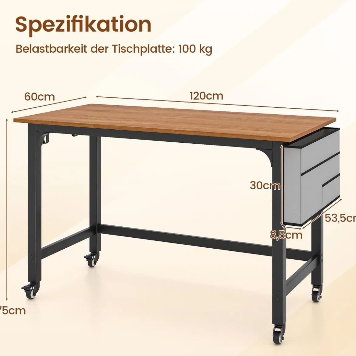 Schreibtisch mit Rollen Computertisch mit Abnehmbarer Stofftasche und Kopfhörerhaken 120 x 60 x 75 cm