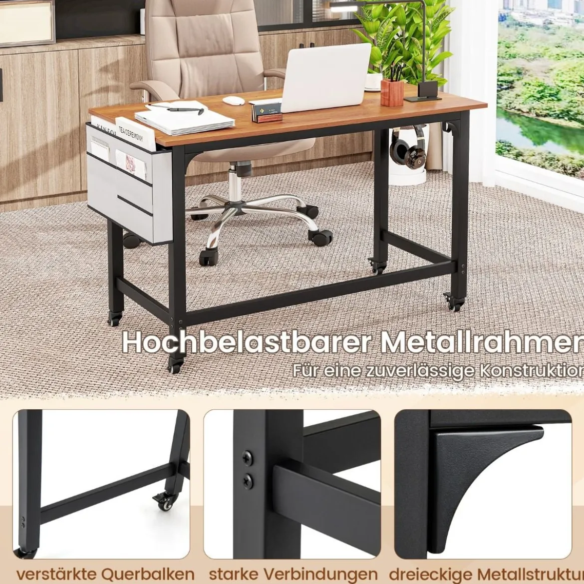 Schreibtisch mit Rollen Computertisch mit Abnehmbarer Stofftasche und Kopfhörerhaken 120 x 60 x 75 cm