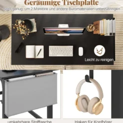 Schreibtisch mit Rollen Computertisch mit Abnehmbarer Stofftasche und Kopfhörerhaken 120 x 60 x 75 cm