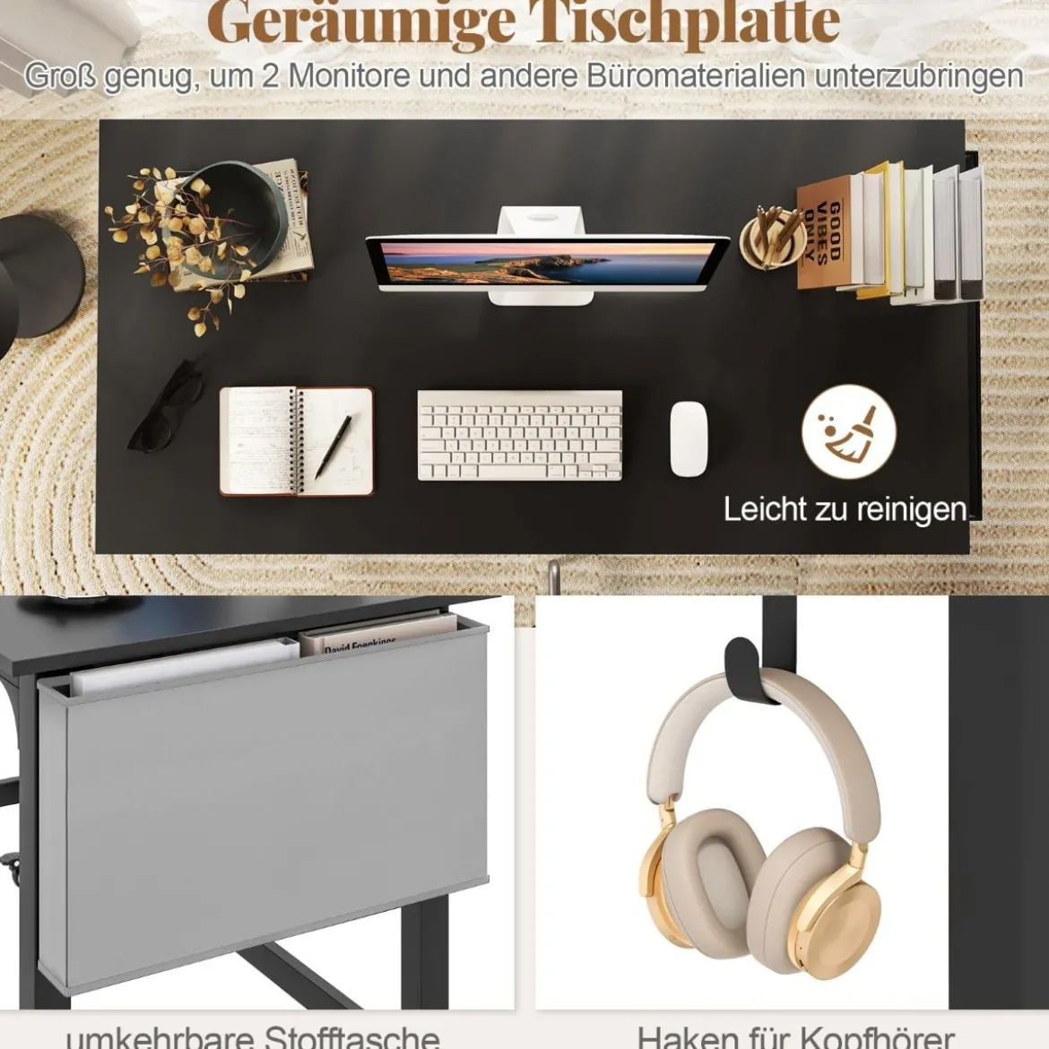 Schreibtisch mit Rollen Computertisch mit Abnehmbarer Stofftasche und Kopfhörerhaken 120 x 60 x 75 cm