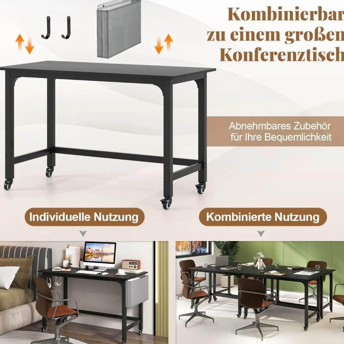 Schreibtisch mit Rollen Computertisch mit Abnehmbarer Stofftasche und Kopfhörerhaken 120 x 60 x 75 cm