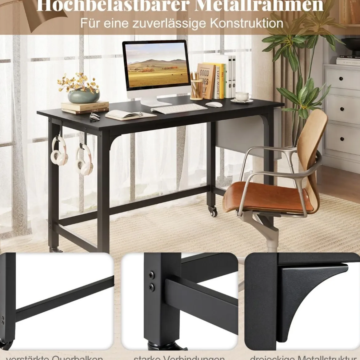 Schreibtisch mit Rollen Computertisch mit Abnehmbarer Stofftasche und Kopfhörerhaken 120 x 60 x 75 cm