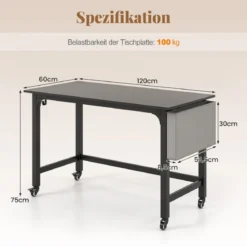 Schreibtisch mit Rollen Computertisch mit Abnehmbarer Stofftasche und Kopfhörerhaken 120 x 60 x 75 cm