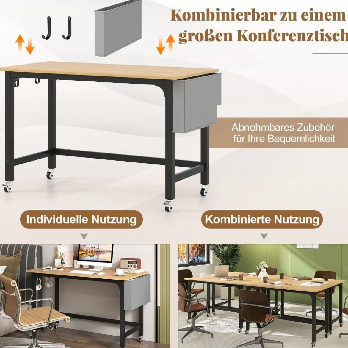 Schreibtisch mit Rollen Computertisch mit Abnehmbarer Stofftasche und Kopfhörerhaken 120 x 60 x 75 cm