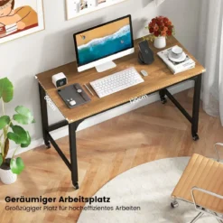 Schreibtisch mit Rollen & Metallrahmen Computertisch Bürotisch 120 x 60 x 76 cm Natur
