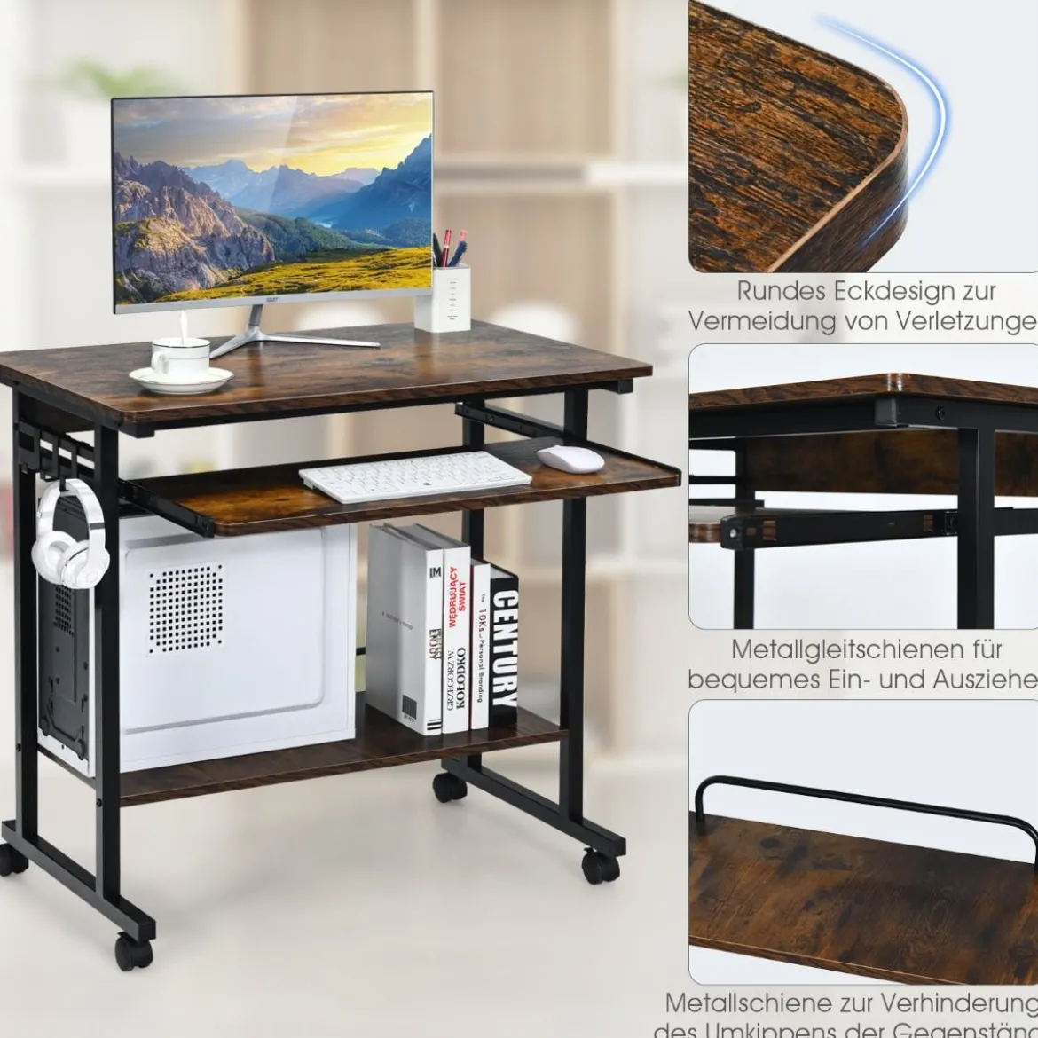 Schreibtisch mit Rollen Tastaturablage Platzsparender Computertisch 80 x 50 x 75 cm Rustikales Braun