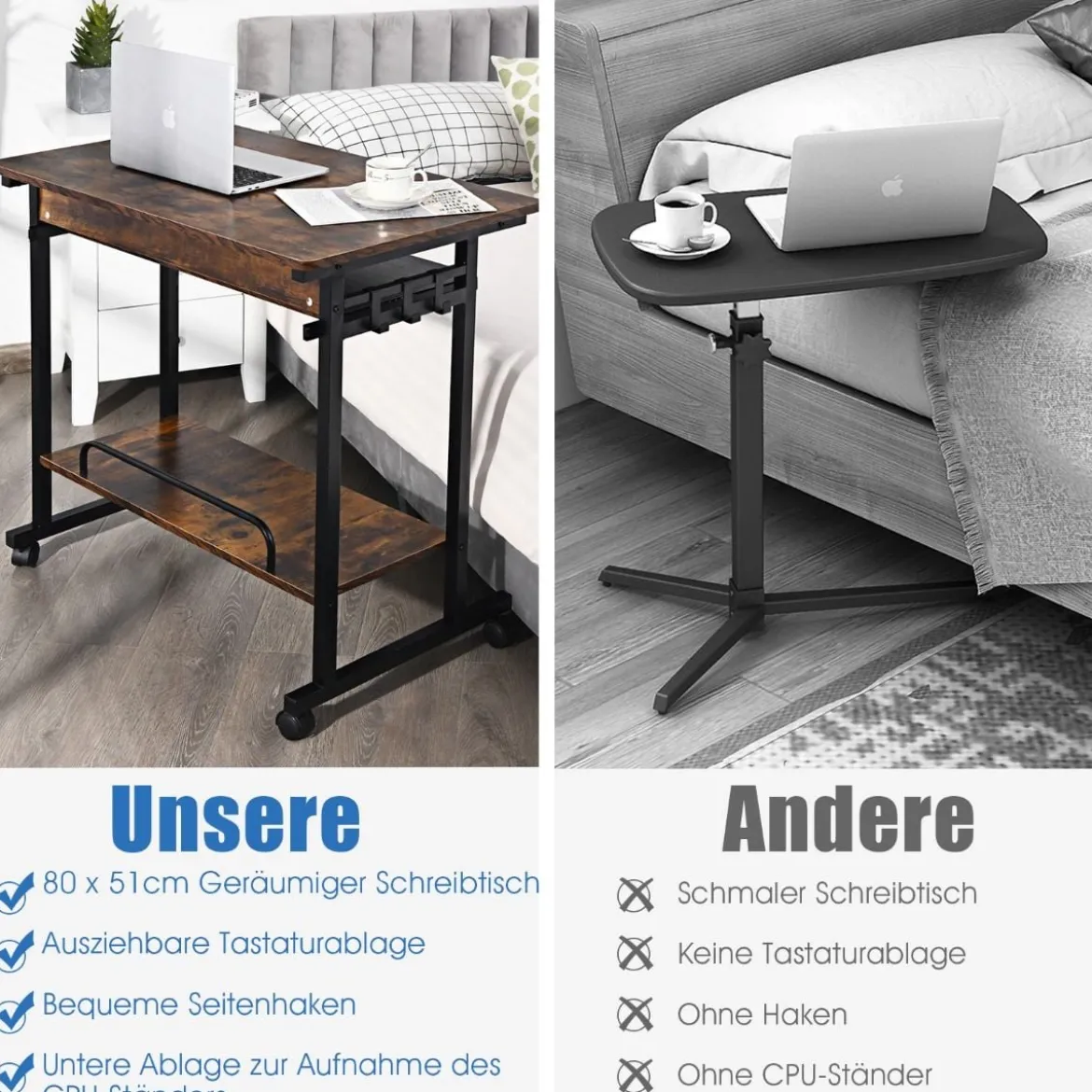 Schreibtisch mit Rollen Tastaturablage Platzsparender Computertisch 80 x 50 x 75 cm Rustikales Braun