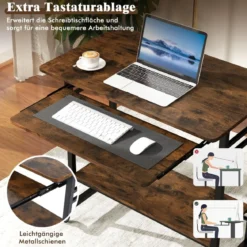 Schreibtisch mit Rollen & Tastaturablage & Ablagefläche unten & Haken Computertisch Braun