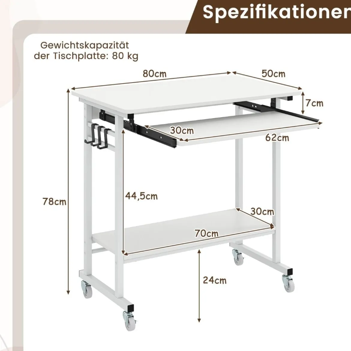 Schreibtisch mit Rollen & Tastaturablage & Ablagefläche unten & Haken Computertisch Weiß