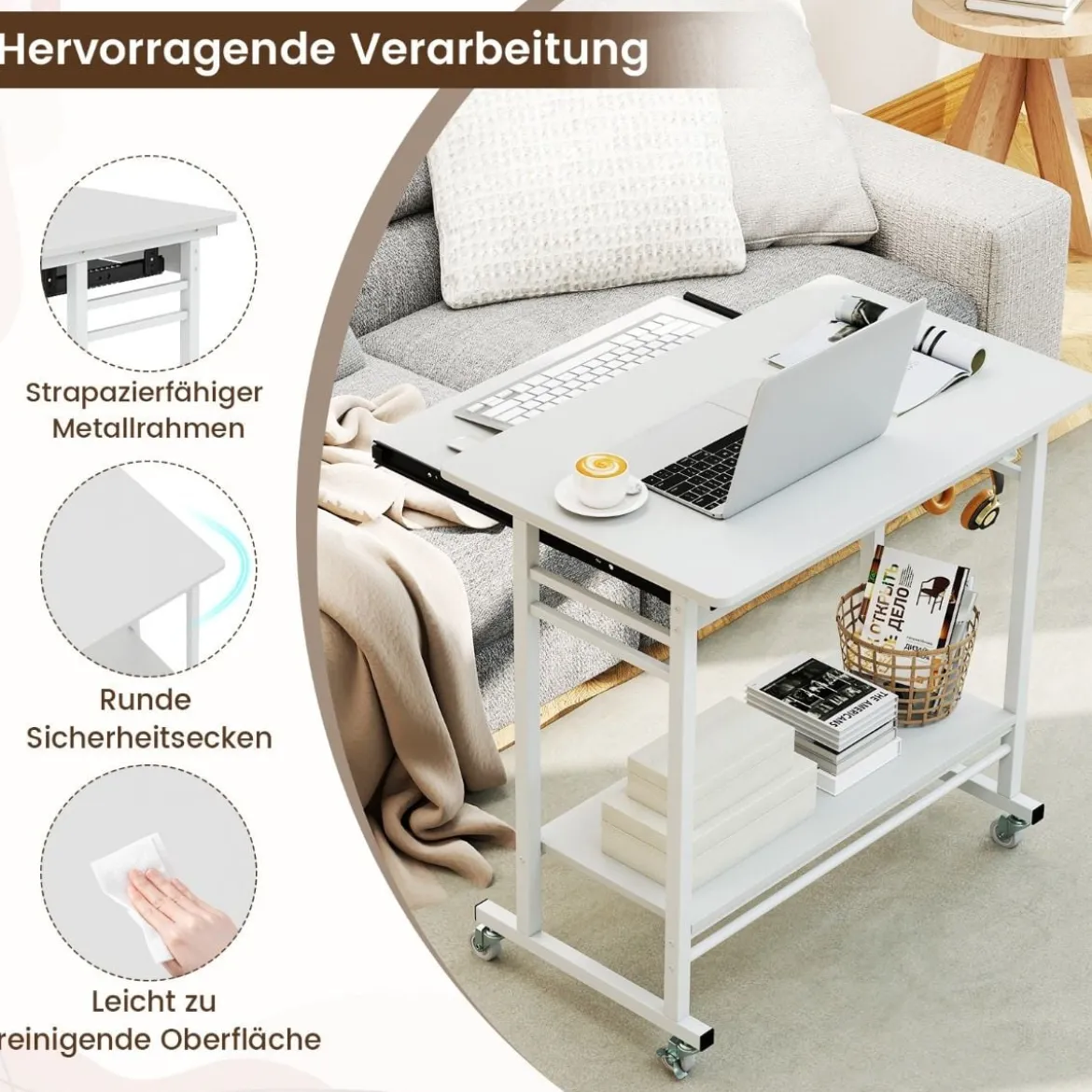 Schreibtisch mit Rollen & Tastaturablage & Ablagefläche unten & Haken Computertisch Weiß