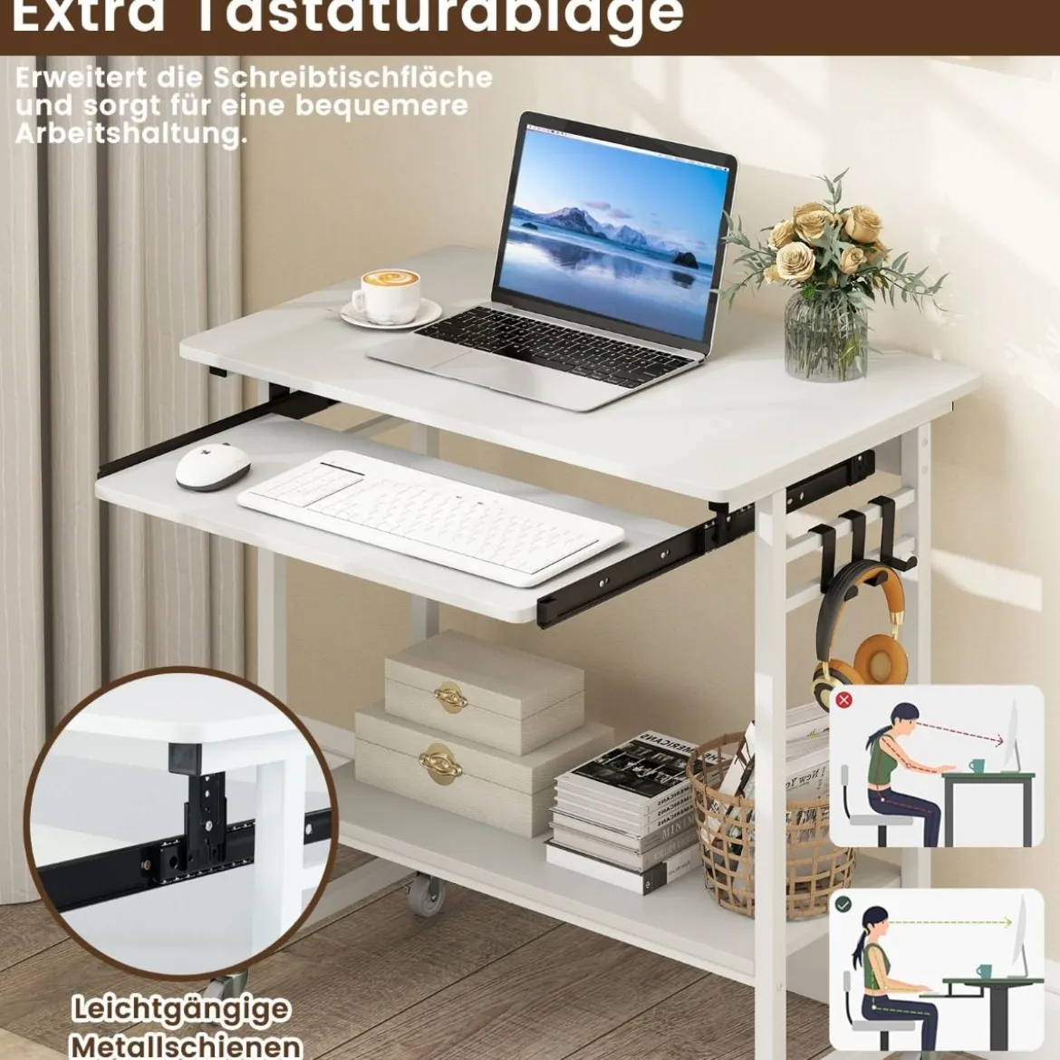Schreibtisch mit Rollen & Tastaturablage & Ablagefläche unten & Haken Computertisch Weiß