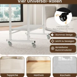 Schreibtisch mit Rollen & Tastaturablage & Ablagefläche unten & Haken Computertisch Weiß