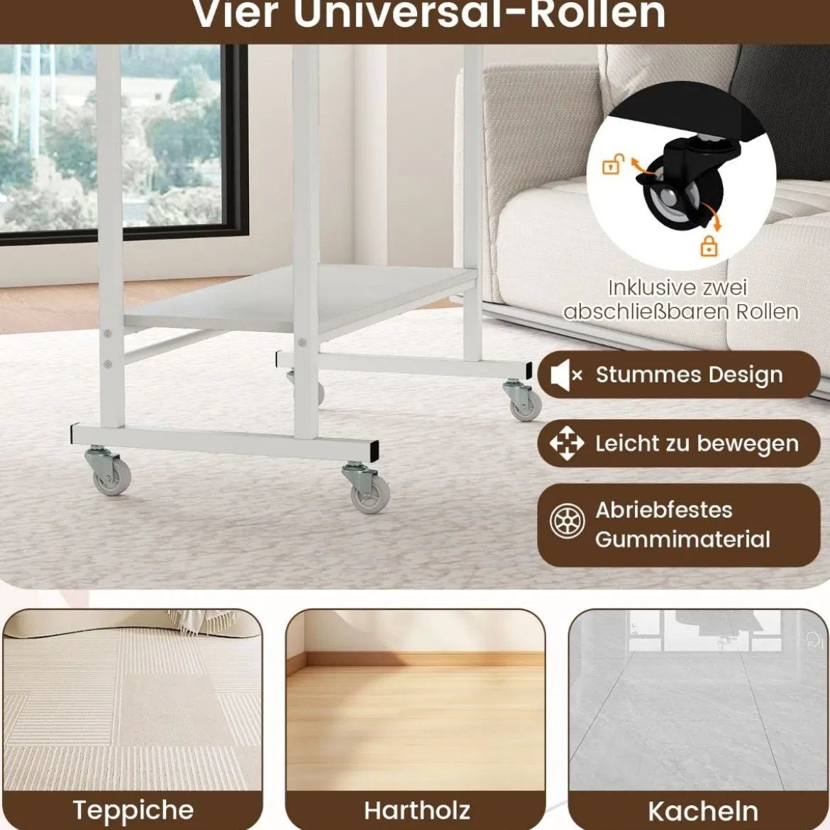 Schreibtisch mit Rollen & Tastaturablage & Ablagefläche unten & Haken Computertisch Weiß