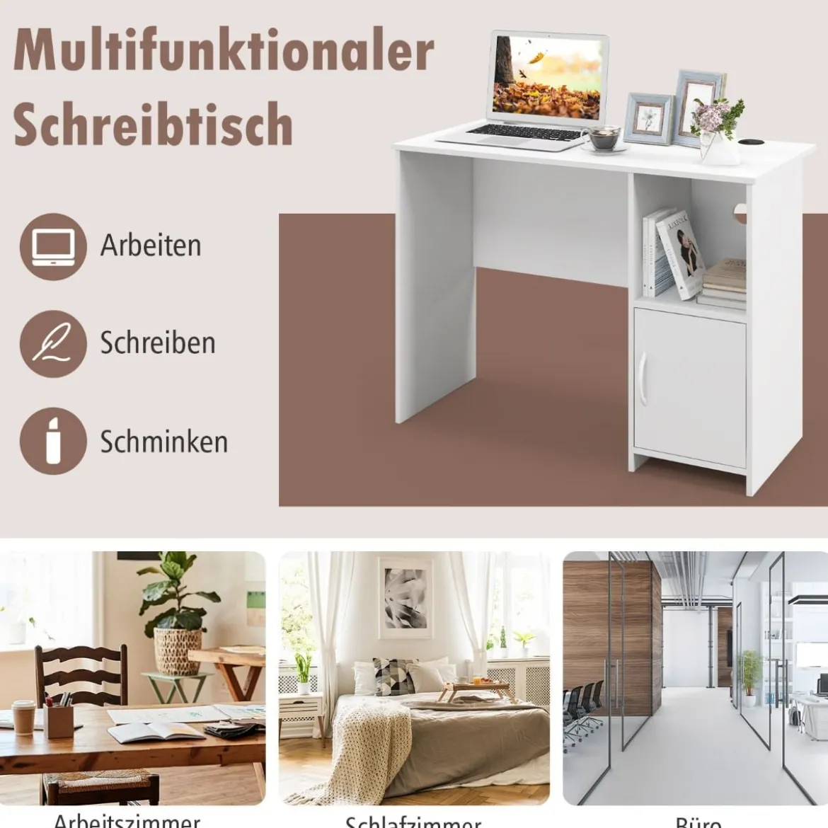 Schreibtisch mit Schrank Computertisch mit Kabellöchern und offenem Regal 106 x 50 x 77,5 cm Weiß