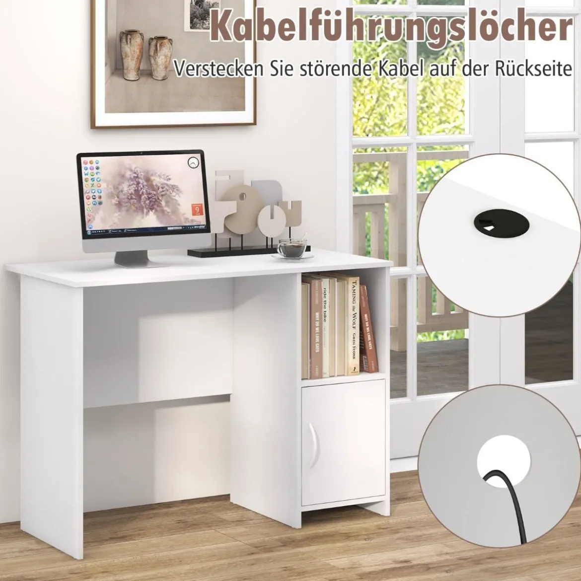Schreibtisch mit Schrank Computertisch mit Kabellöchern und offenem Regal 106 x 50 x 77,5 cm Weiß