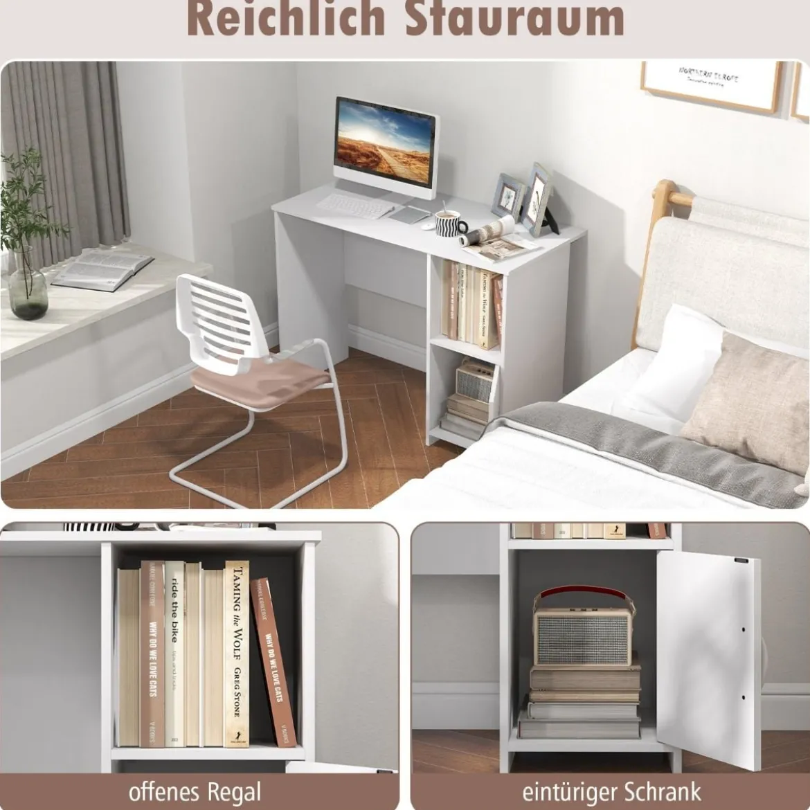 Schreibtisch mit Schrank Computertisch mit Kabellöchern und offenem Regal 106 x 50 x 77,5 cm Weiß