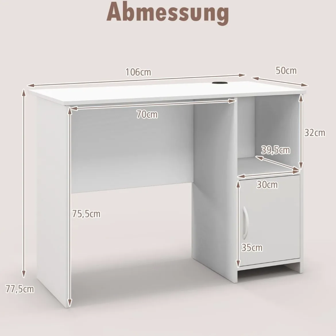 Schreibtisch mit Schrank Computertisch mit Kabellöchern und offenem Regal 106 x 50 x 77,5 cm Weiß