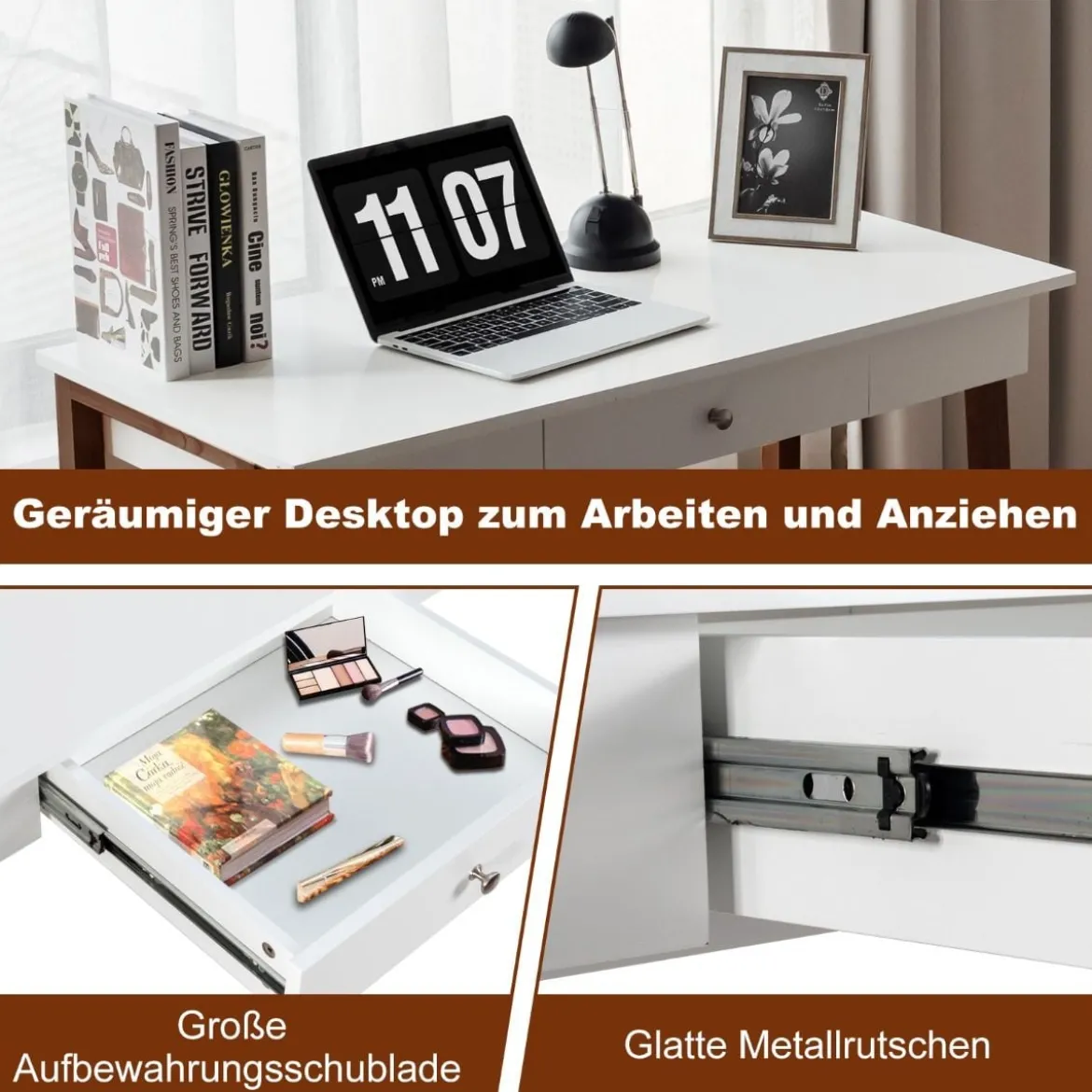 Schreibtisch mit Schublade Computertisch Kautschuk Tischbeine Schminktisch Bürotisch Braun
