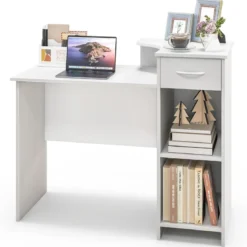 Schreibtisch mit Schublade Druckerablage und verstellbarem Regal Computertisch 102 x 49,5 x 84,5 cm Weiß