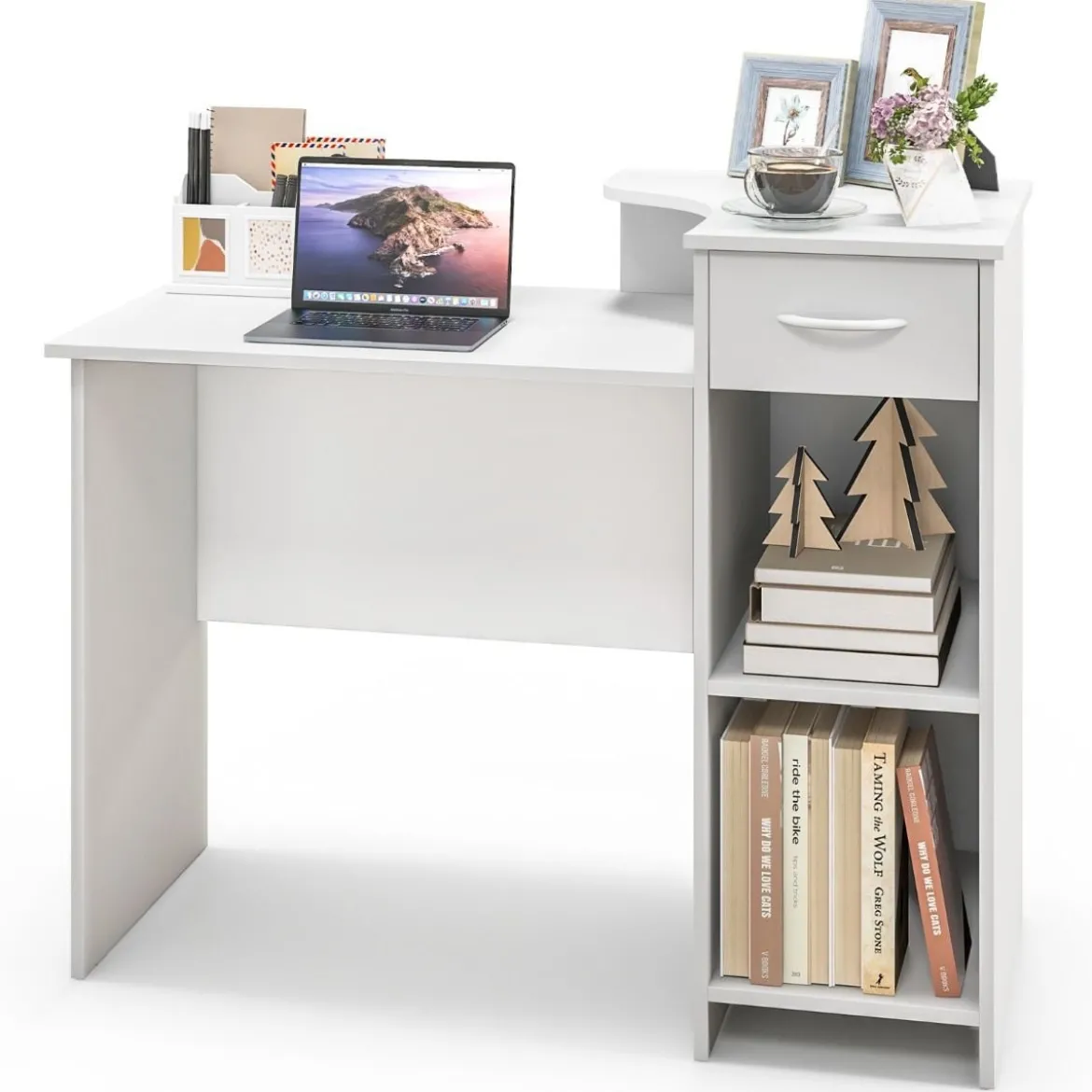Schreibtisch mit Schublade Druckerablage und verstellbarem Regal Computertisch 102 x 49,5 x 84,5 cm Weiß