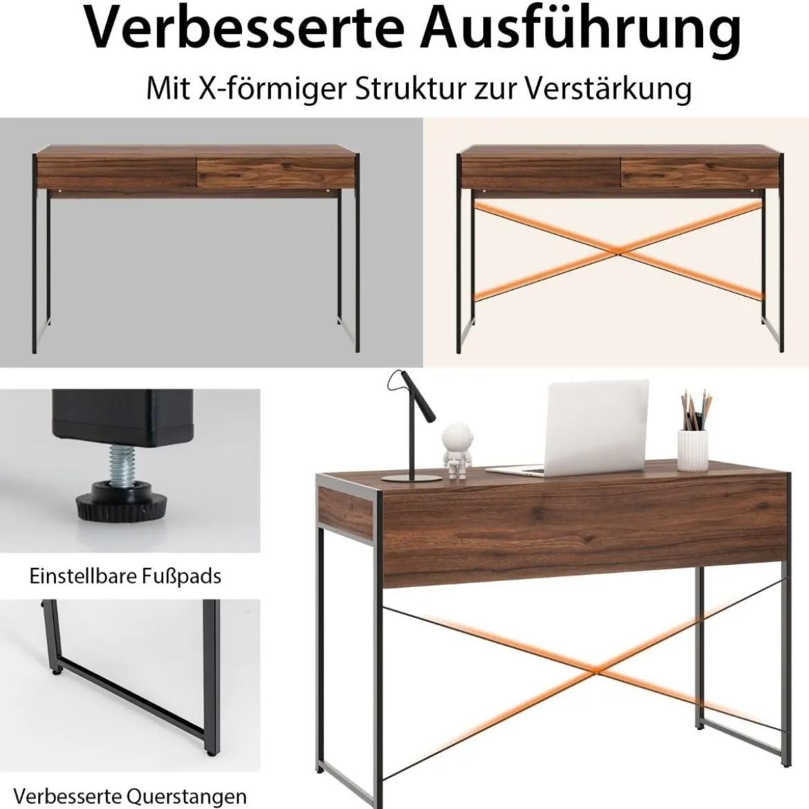 Schreibtisch mit 2 Schubladen & Robustem Stahlrahmen & Verstärkter Struktur 112 x 48 x 76 cm