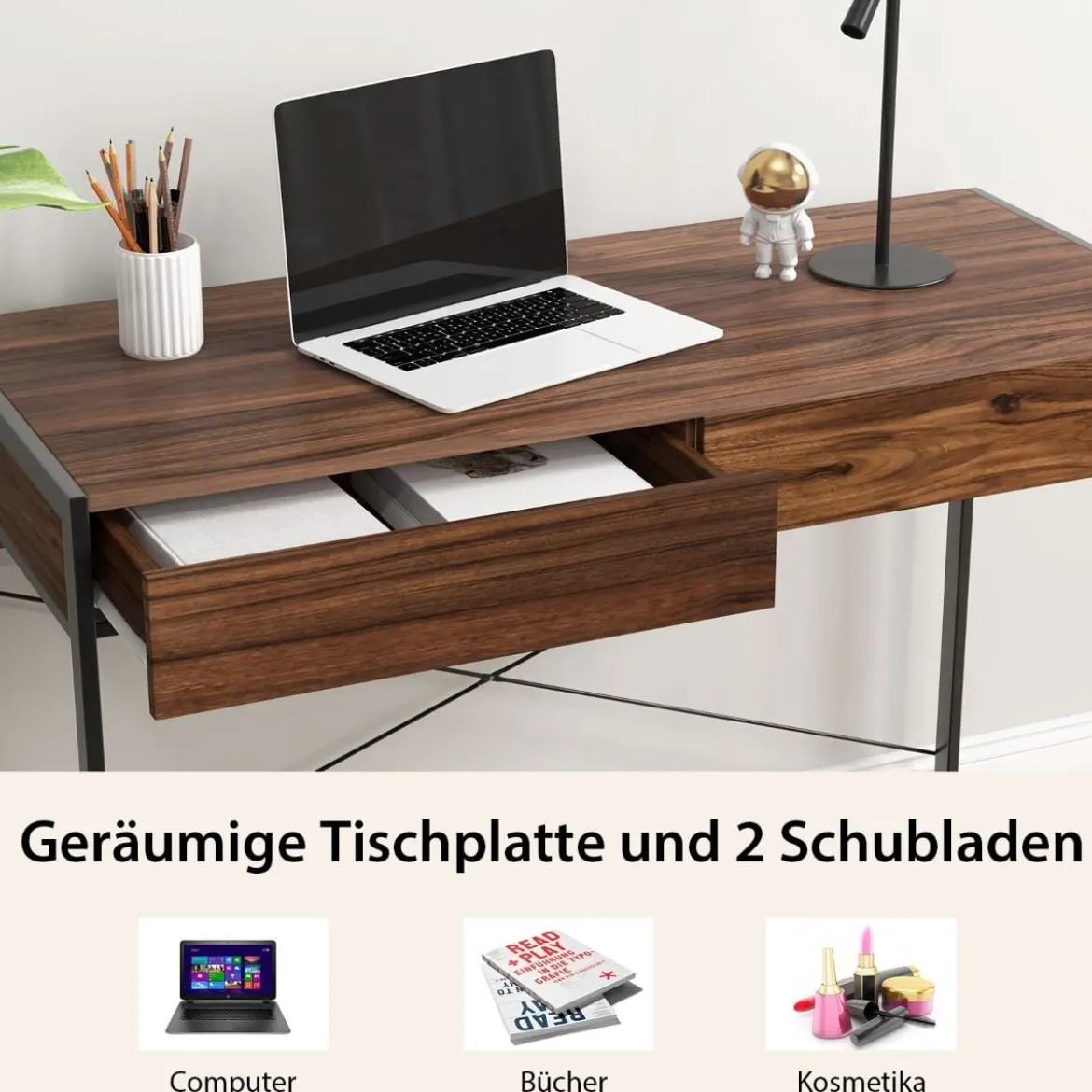 Schreibtisch mit 2 Schubladen & Robustem Stahlrahmen & Verstärkter Struktur 112 x 48 x 76 cm