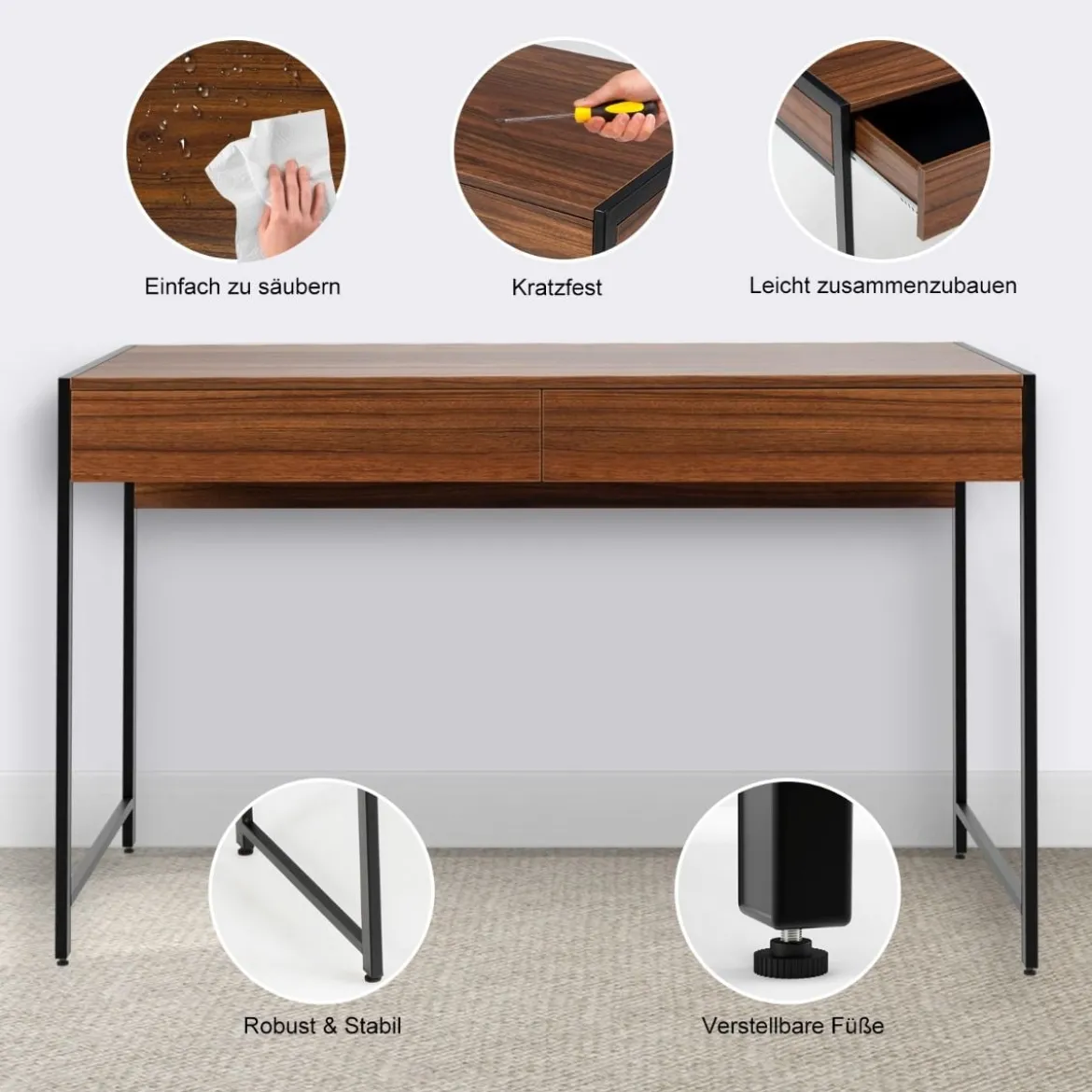 Schreibtisch mit 2 Schubladen Computertisch Hölzerner Bürotisch 112 x 48 x 76 cm Schwarz + Antik