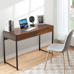 Schreibtisch mit 2 Schubladen Computertisch Hölzerner Bürotisch 112 x 48 x 76 cm Schwarz + Antik