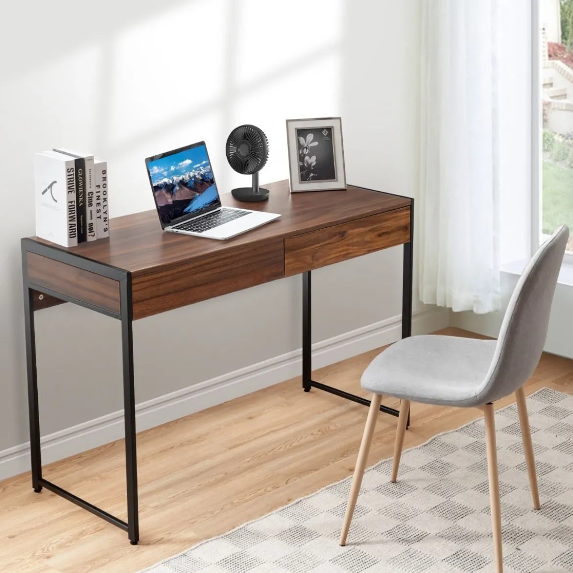 Schreibtisch mit 2 Schubladen Computertisch Hölzerner Bürotisch 112 x 48 x 76 cm Schwarz + Antik