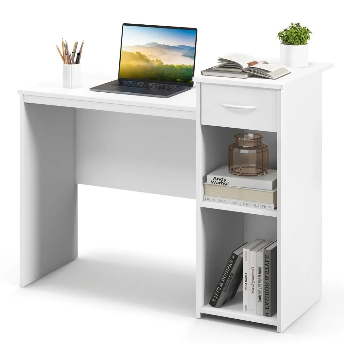 Schreibtisch mit Schublade und verstellbarem Regal Computertisch mit Kabelloch 110 x 50 x 82 cm Weiß