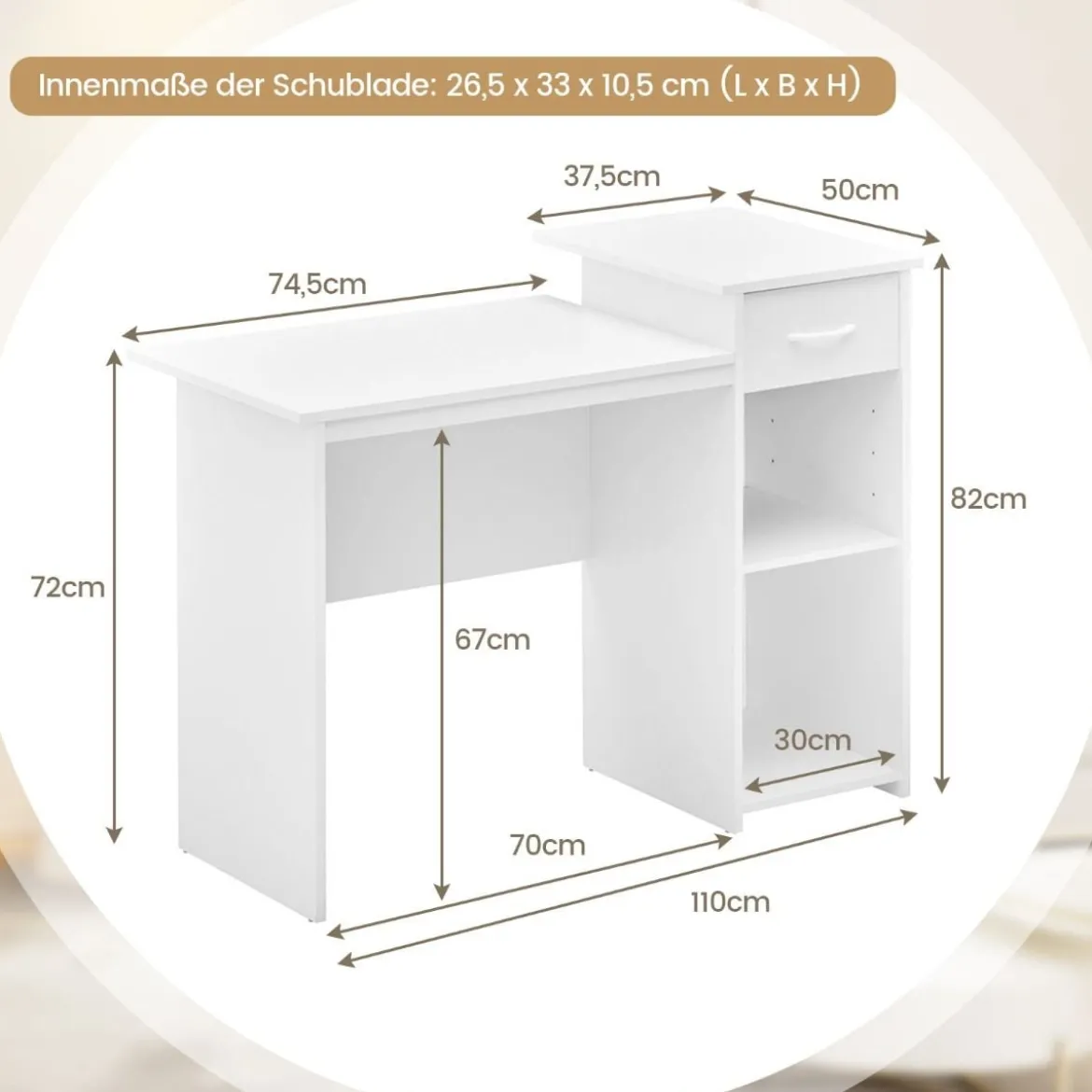 Schreibtisch mit Schublade und verstellbarem Regal Computertisch mit Kabelloch 110 x 50 x 82 cm Weiß