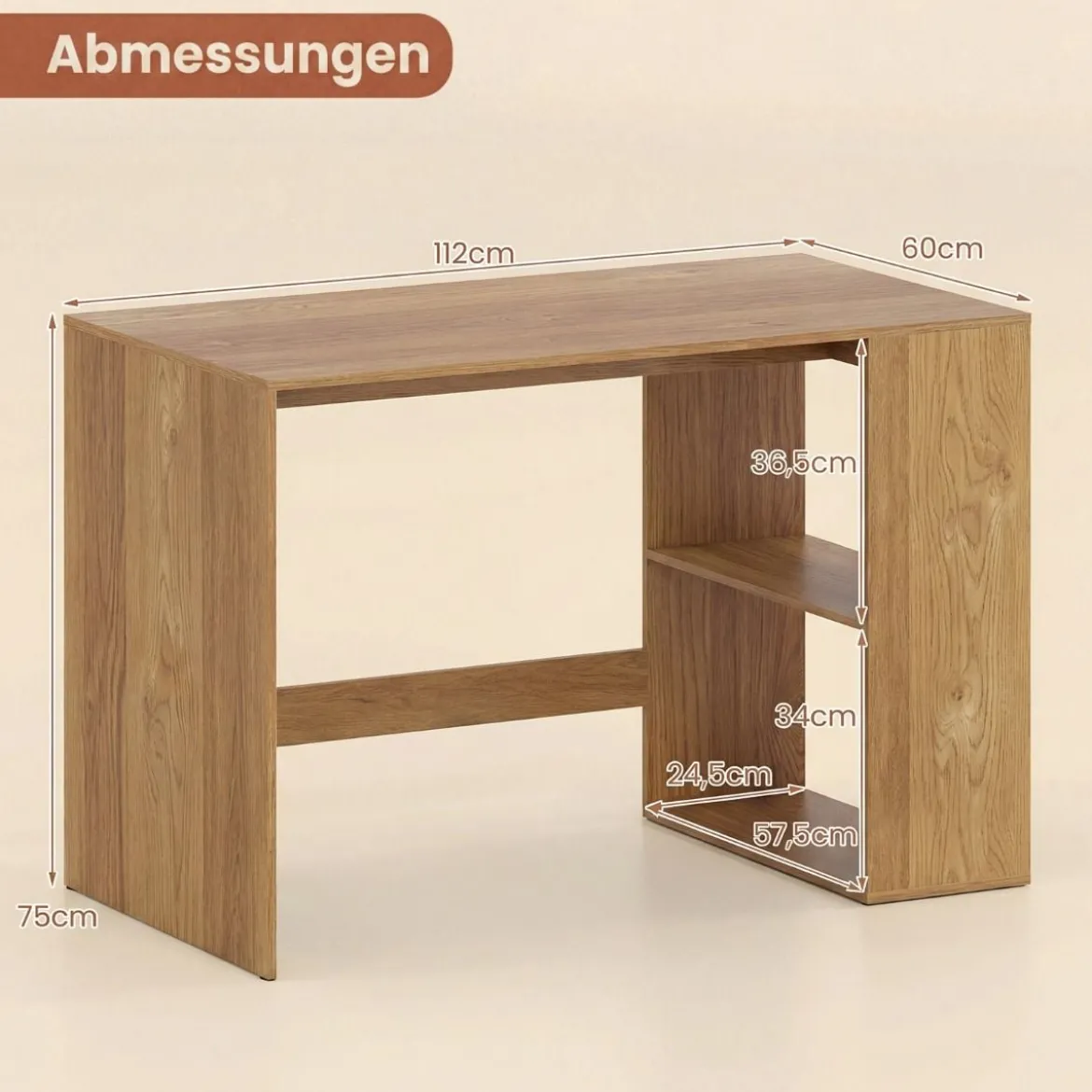 Schreibtisch mit Stauraum & 2 Offenen Seitenregalen Platzsparender Computertisch PC-Tisch Natur