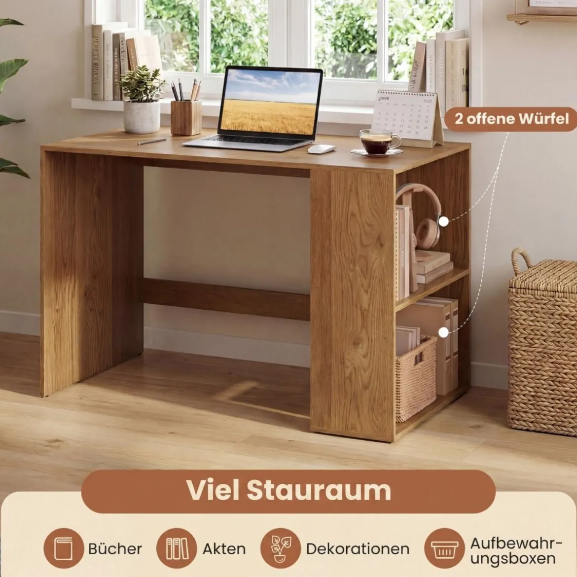 Schreibtisch mit Stauraum & 2 Offenen Seitenregalen Platzsparender Computertisch PC-Tisch Natur