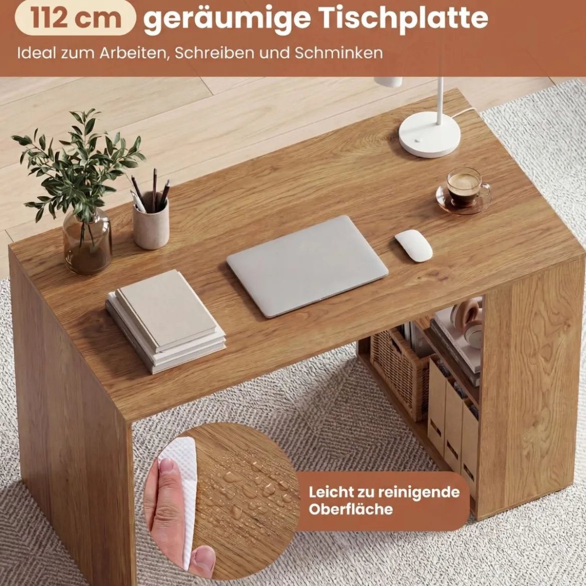 Schreibtisch mit Stauraum & 2 Offenen Seitenregalen Platzsparender Computertisch PC-Tisch Natur