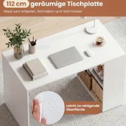 Schreibtisch mit Stauraum & 2 Offenen Seitenregalen Platzsparender Computertisch PC-Tisch Weiß