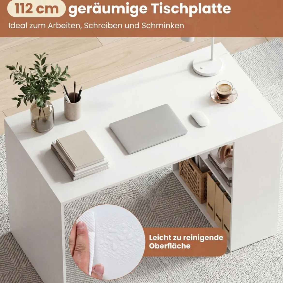 Schreibtisch mit Stauraum & 2 Offenen Seitenregalen Platzsparender Computertisch PC-Tisch Weiß