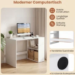 Schreibtisch mit Stauraum & 2 Offenen Seitenregalen Platzsparender Computertisch PC-Tisch Weiß