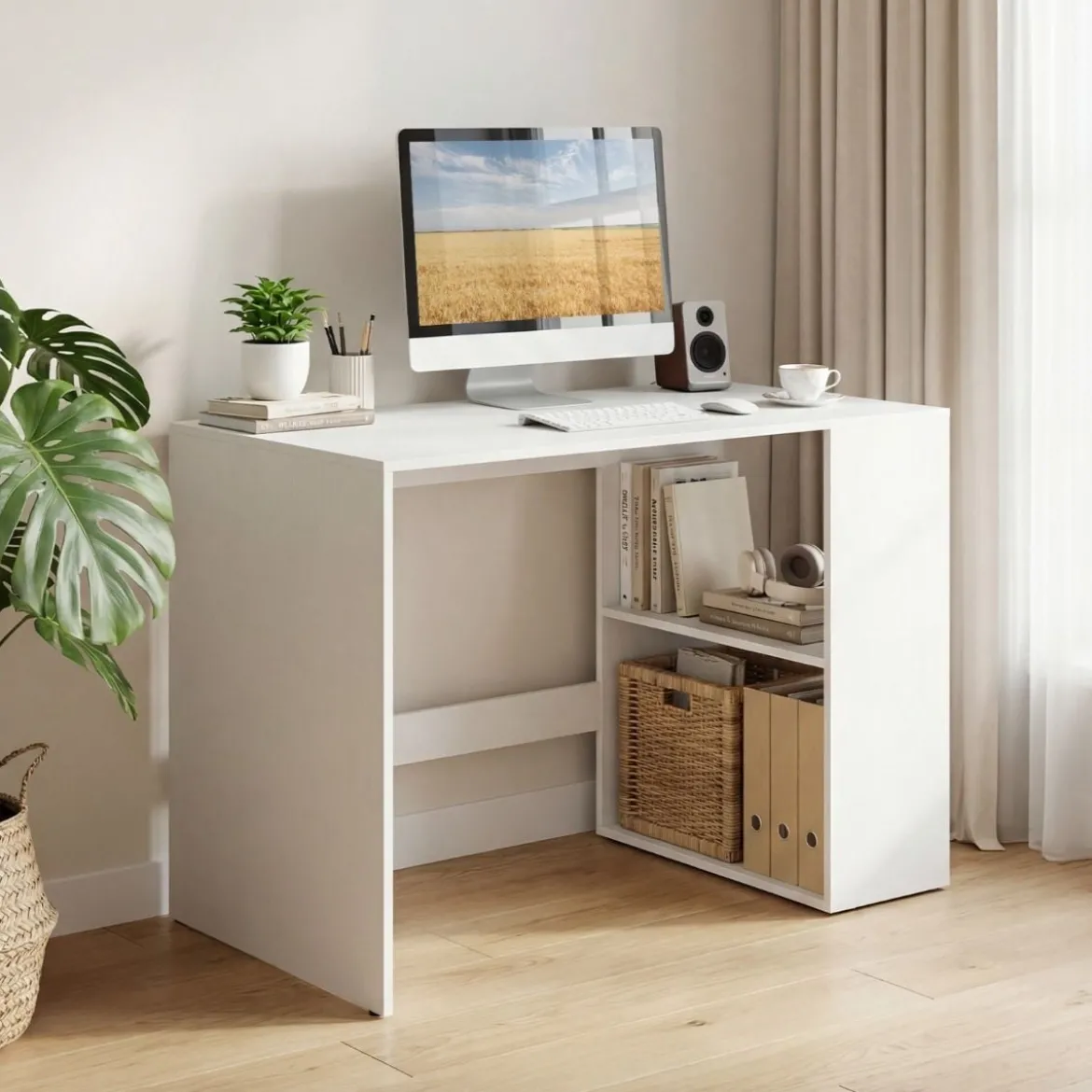 Schreibtisch mit Stauraum & 2 Offenen Seitenregalen Platzsparender Computertisch PC-Tisch Weiß