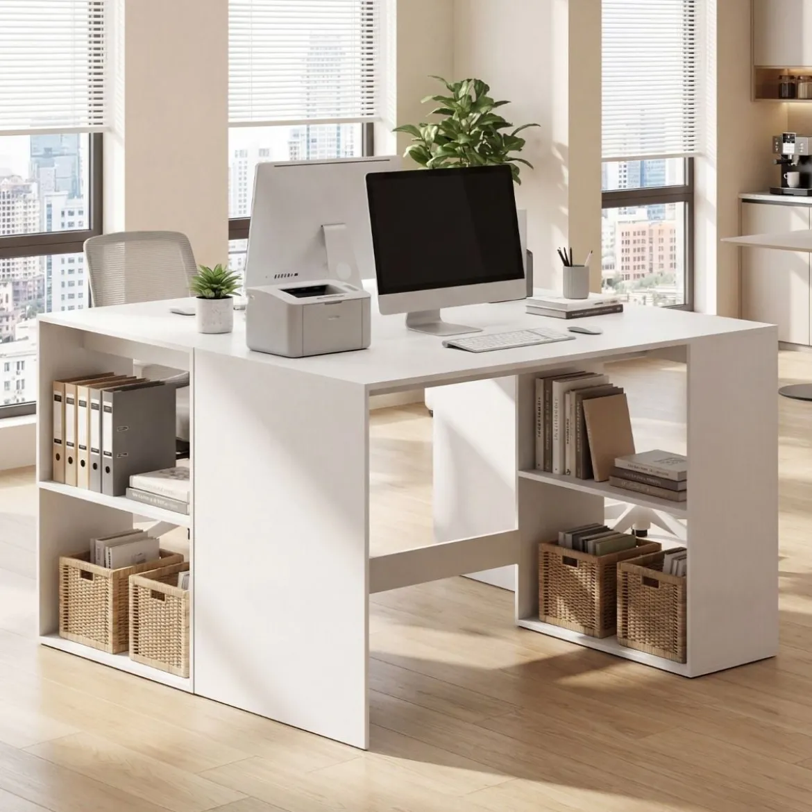 Schreibtisch mit Stauraum & 2 Offenen Seitenregalen Platzsparender Computertisch PC-Tisch Weiß
