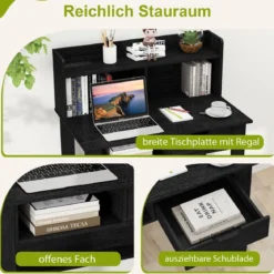 Schreibtisch mit Steckdosen Kleiner Computertisch mit Aufsatz 95 x 56 x 109,5 cm Weiß/Schwarz