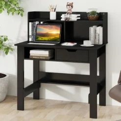 Schreibtisch mit Steckdosen Kleiner Computertisch mit Aufsatz 95 x 56 x 109,5 cm Weiß/Schwarz