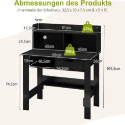 Schreibtisch mit Steckdosen Kleiner Computertisch mit Aufsatz 95 x 56 x 109,5 cm Weiß/Schwarz
