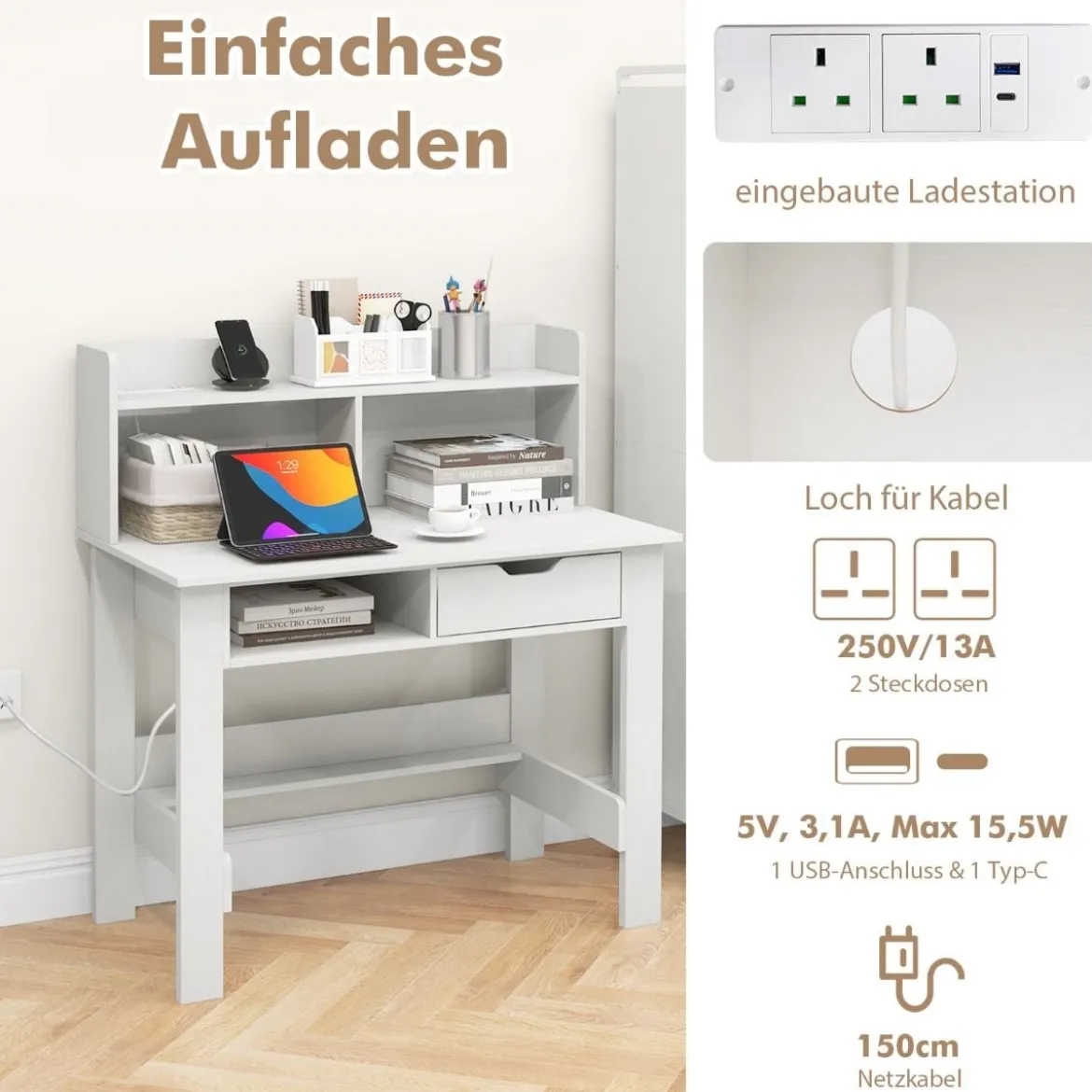 Schreibtisch mit Steckdosen Kleiner Computertisch mit Aufsatz 95 x 56 x 109,5 cm Weiß/Schwarz